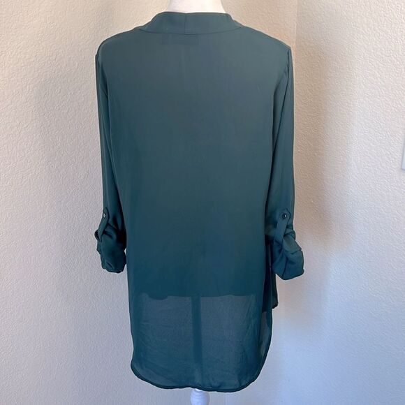 Apt. 9 Women's Dark Teal Zipper Front V-Neck Roll Tab Sleeve Blouse ~ Size M - Picture 3 of 7